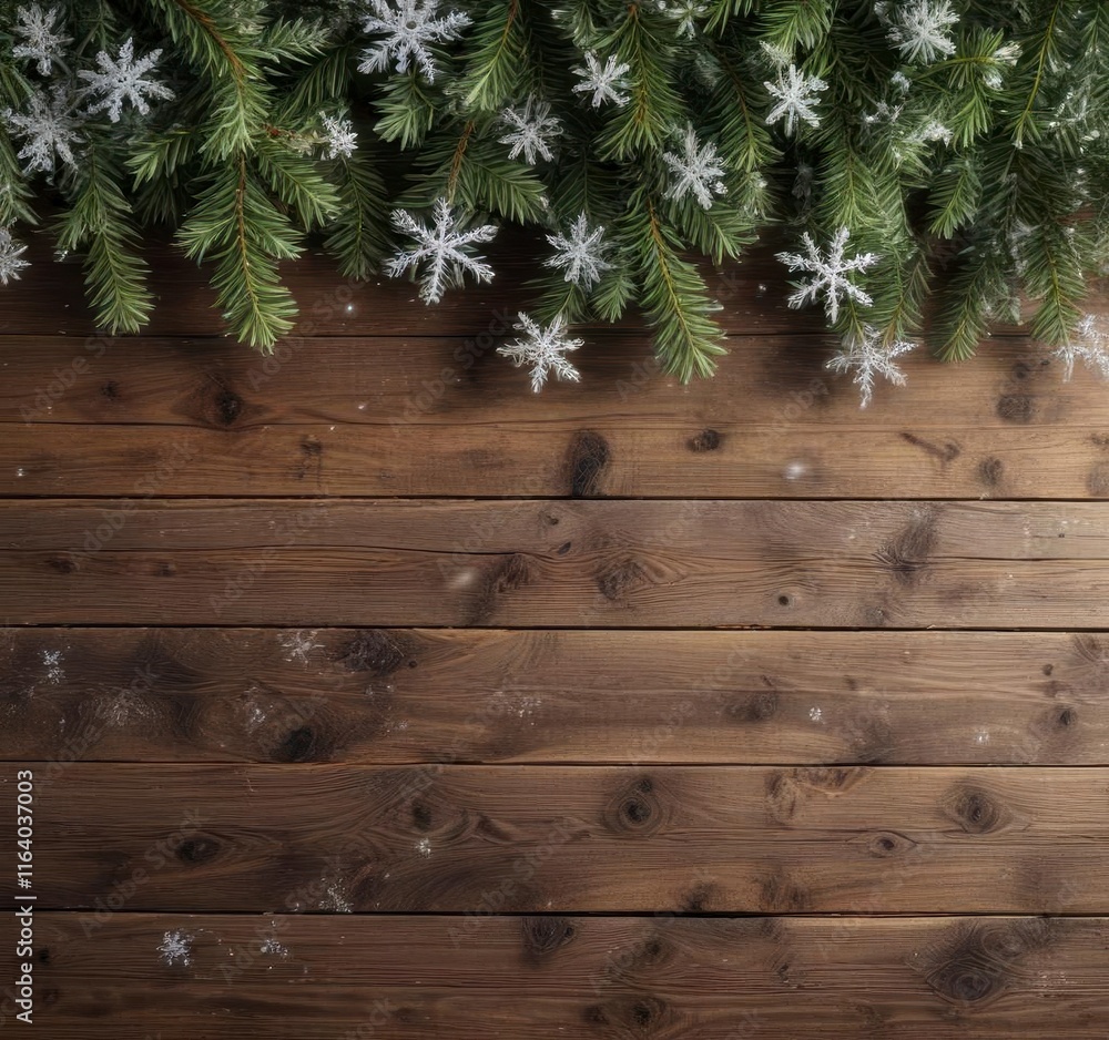 Fir branches with snowflakes gently falling on a wooden background, Firs, Snow Fir branches with snowflakes gently falling on a wooden background, Firs, Snow