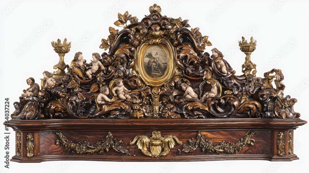 Ornate wooden decorative panel with cherubs and a central portrait. Ornate wooden decorative panel with cherubs and a central portrait.