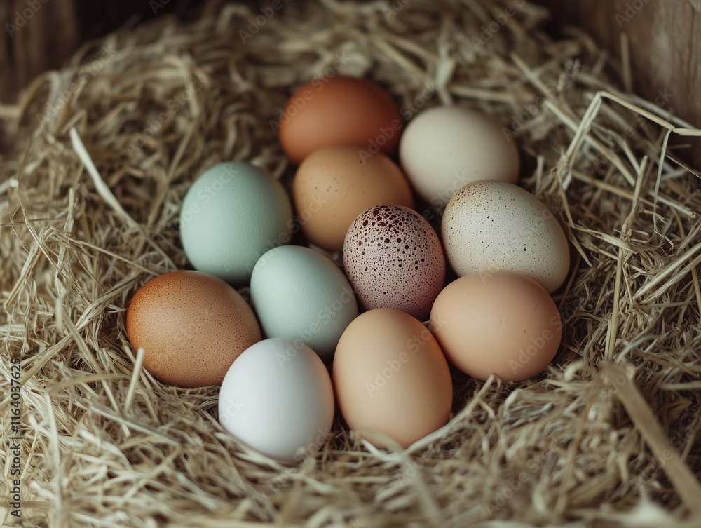 Colorful Fresh Farm Eggs on Straw Colorful Fresh Farm Eggs on Straw