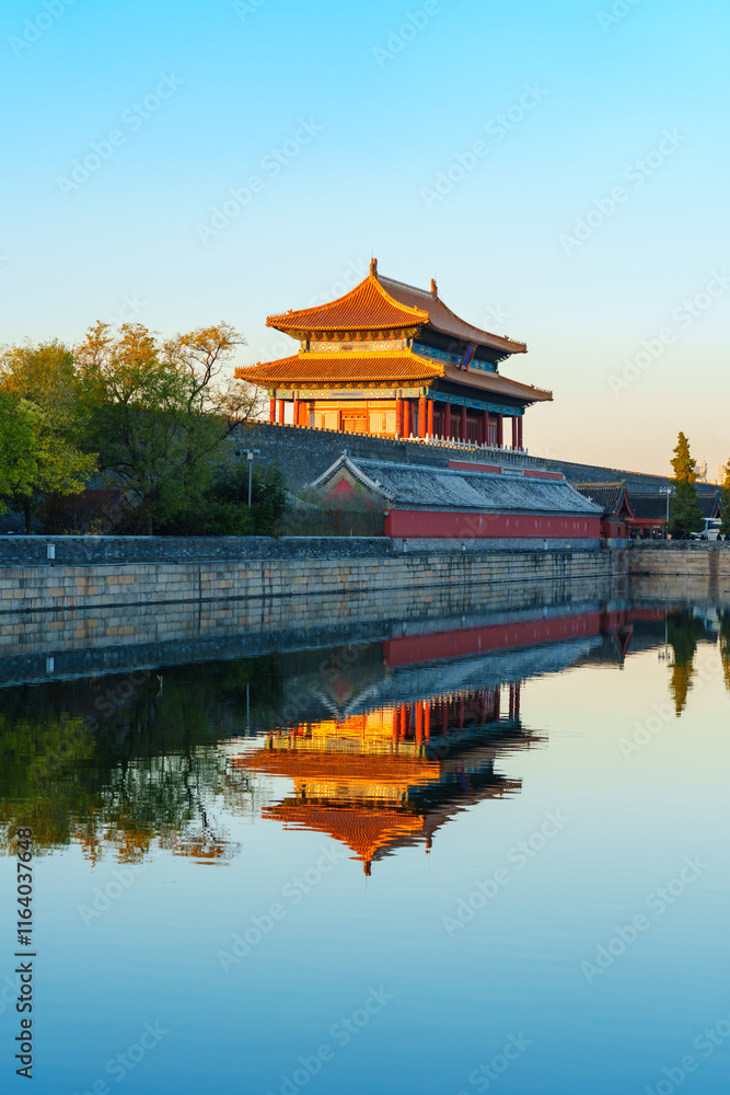 Gate of Divine Prowess of the Forbidden City under blue sky in morning sunlight Gate of Divine Prowess of the Forbidden City under blue sky in morning sunlight