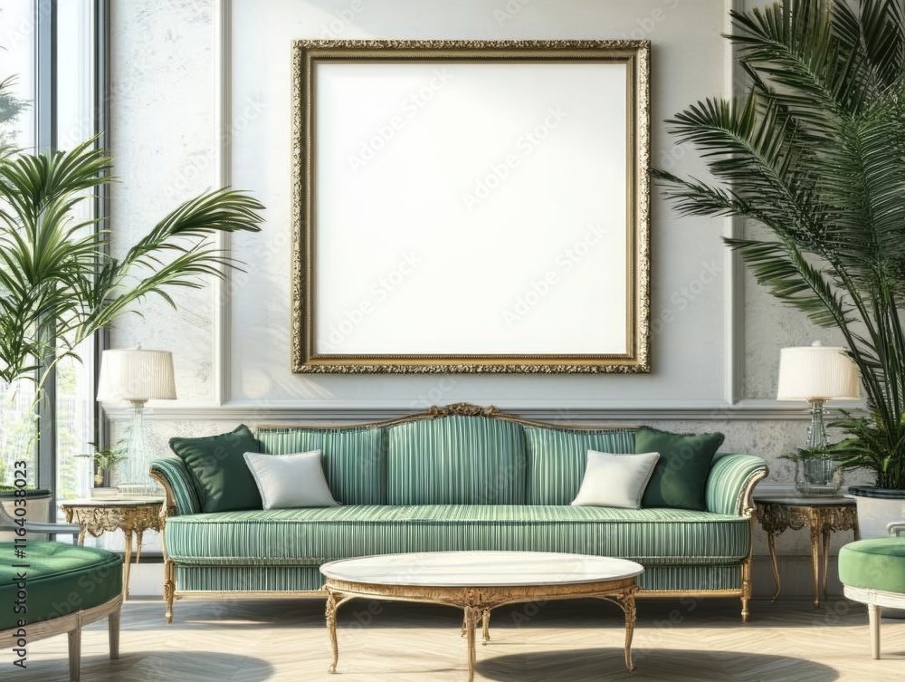 Obraz premium Elegant Green Sofa With Ornate Frame And Plants