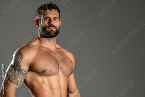 Muscular man with tattoos and beard on gray background.