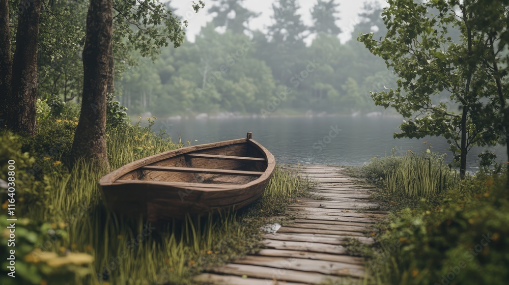 Serene wooden pontoon boat by tranquil lake surrounded by lush greenery and tall trees in peaceful woodland setting Serene wooden pontoon boat by tranquil lake surrounded by lush greenery and tall trees in peaceful woodland setting