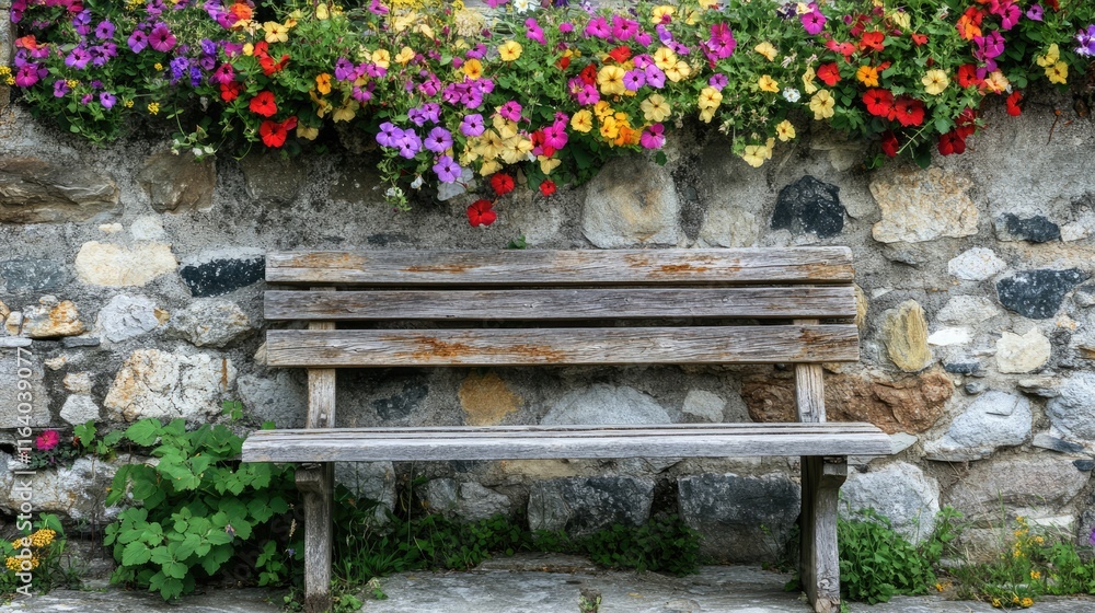 Wooden garden bench against a rustic stone wall adorned with vibrant flowering plants in a charming outdoor setting