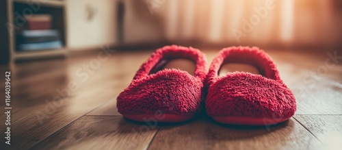 Cozy red slippers on wooden floor with warm sunlight creating a serene atmosphere in a comfortable home setting photo