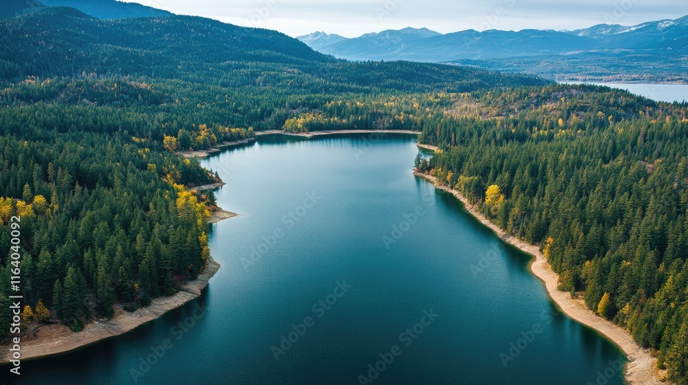 Aerial View of Tranquil Lake Surrounded by Colorful Autumn Foliage and Lush Forests in Scenic Landscape Aerial View of Tranquil Lake Surrounded by Colorful Autumn Foliage and Lush Forests in Scenic Landscape