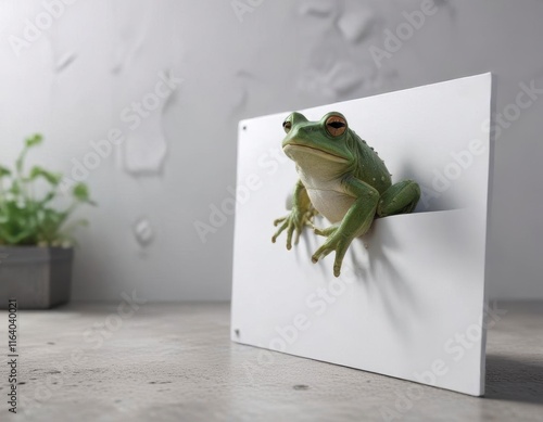 Le grenouille se r?fugie derri?re un panneau blanc,  amphibie,  vert?br? photo