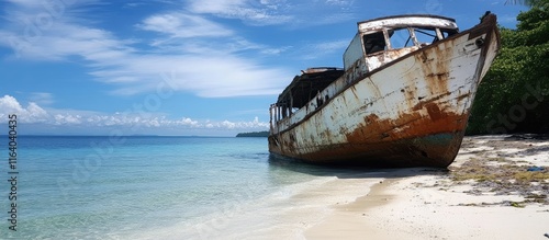 Abandoned shipwreck on tranquil beach with clear waters and blue sky showcasing decay and the passage of time in nature. photo