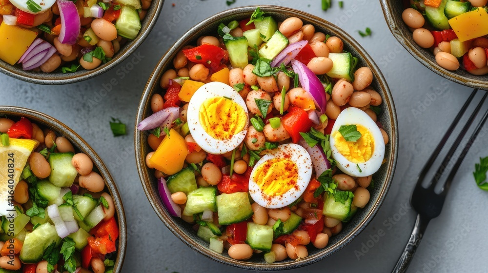Colorful bean salad with hard boiled eggs fresh vegetables and herbs served in bowls garnished with lemon wedges and spices.