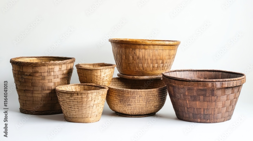 Wooden baskets of various sizes arranged on a white background showcasing natural craftsmanship and traditional design elements. Wooden baskets of various sizes arranged on a white background showcasing natural craftsmanship and traditional design elements.