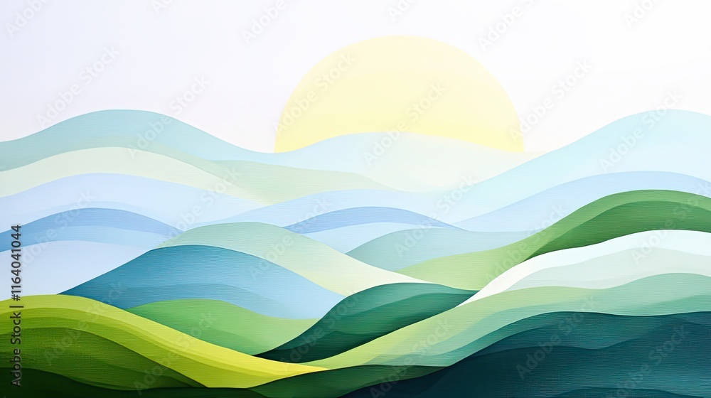 Obraz premium Abstract landscape sunrise with layered green hills, abstract landscape with pastel hills and sun, abstract landscape art with paper-cut style for nature calm design