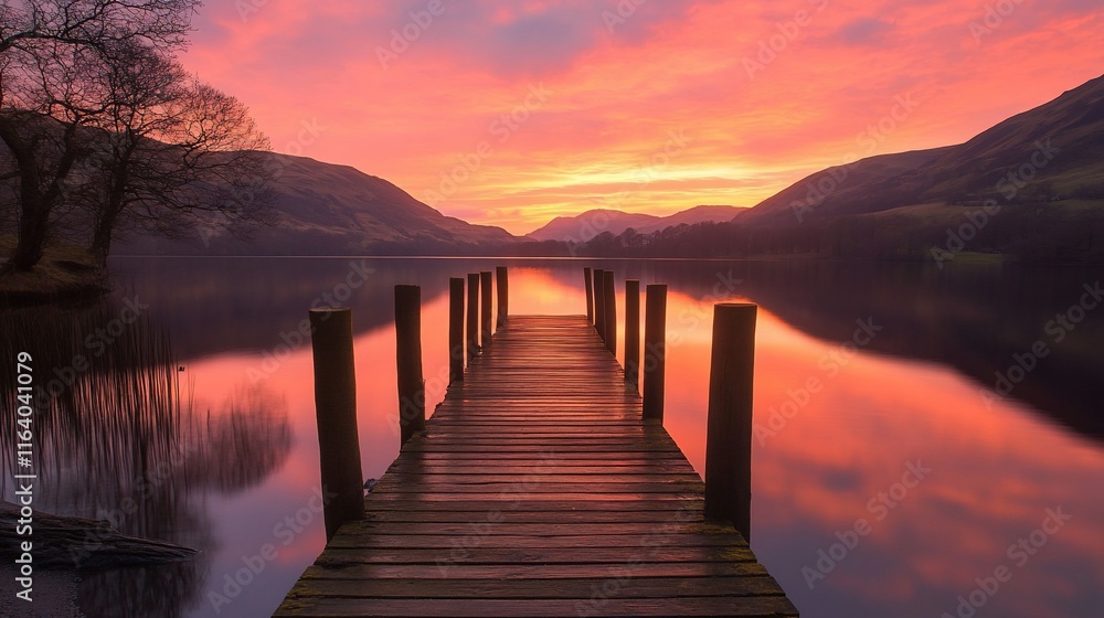 Serene sunrise over a tranquil lake with a wooden pier extending into the water. Vivid colors paint the sky and mountains, reflecting in the calm lake. Serene sunrise over a tranquil lake with a wooden pier extending into the water. Vivid colors paint the sky and mountains, reflecting in the calm lake.