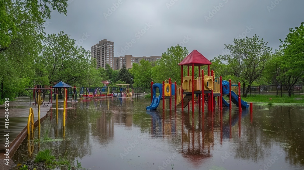 Obraz premium Flooded Playground Amid Rising Water Levels