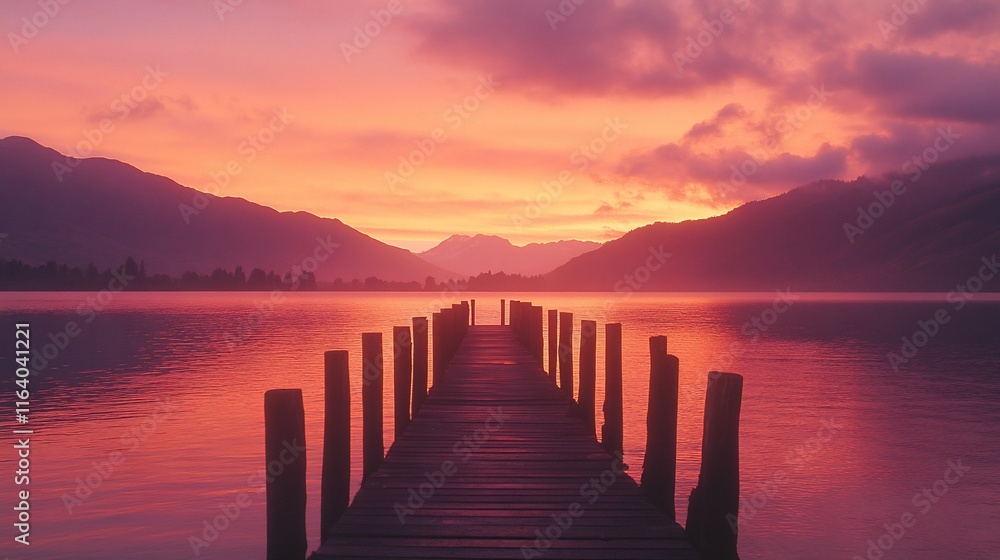 Serene sunrise over a tranquil lake with a wooden pier extending into the water. Serene sunrise over a tranquil lake with a wooden pier extending into the water.