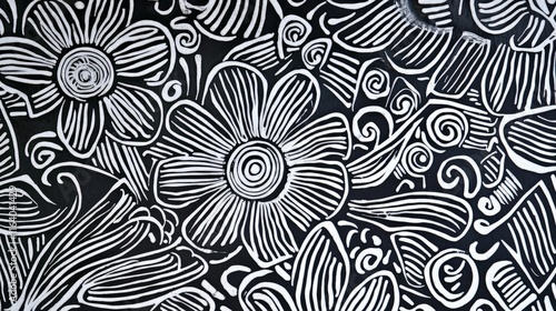 Monochrome floral pattern with stylized flowers and swirls.