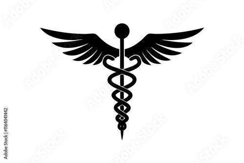 Medical caduceus silhouette. Rod of Asclepius. Medical symbol icon. Snake and stick with wings. Medicine logo. Healthcare. Isolated on white background. Vector illustration.