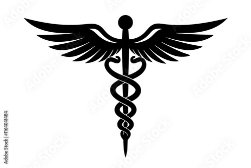 Medical caduceus silhouette. Rod of Asclepius. Medical symbol icon. Snake and stick with wings. Medicine logo. Healthcare. Isolated on white background. Vector illustration.