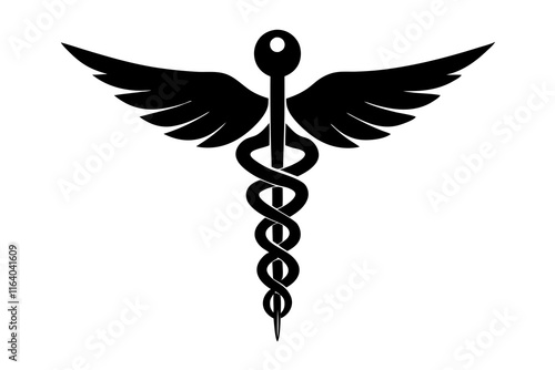 Medical caduceus silhouette. Rod of Asclepius. Medical symbol icon. Snake and stick with wings. Medicine logo. Healthcare. Isolated on white background. Vector illustration.