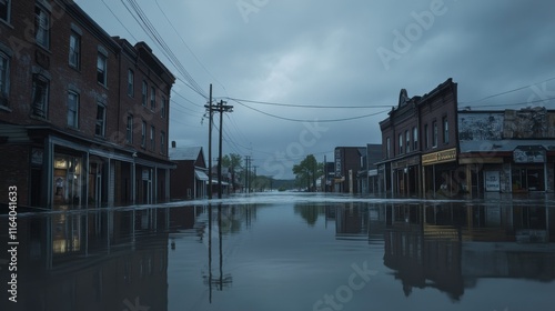 Fototapeta Naklejka Na Ścianę i Meble -  Flooded Rural Town with Small Businesses During Storm