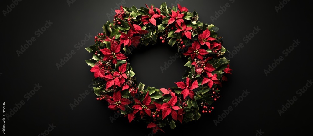 Festive holiday wreath adorned with vibrant red poinsettias and lush greenery on a dark background Festive holiday wreath adorned with vibrant red poinsettias and lush greenery on a dark background