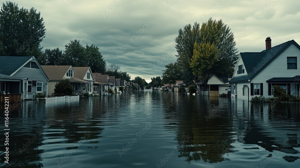 Obraz premium Flooded Streets in Suburban Neighborhood During Storm