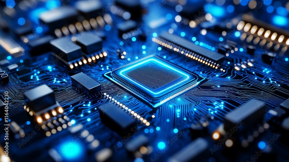 A close-up of a glowing blue processor, nestled within the intricate circuitry of a motherboard, evokes a sense of technological advancement and power. Generative ai illustration. A close-up of a glowing blue processor, nestled within the intricate circuitry of a motherboard, evokes a sense of technological advancement and power. Generative ai illustration.