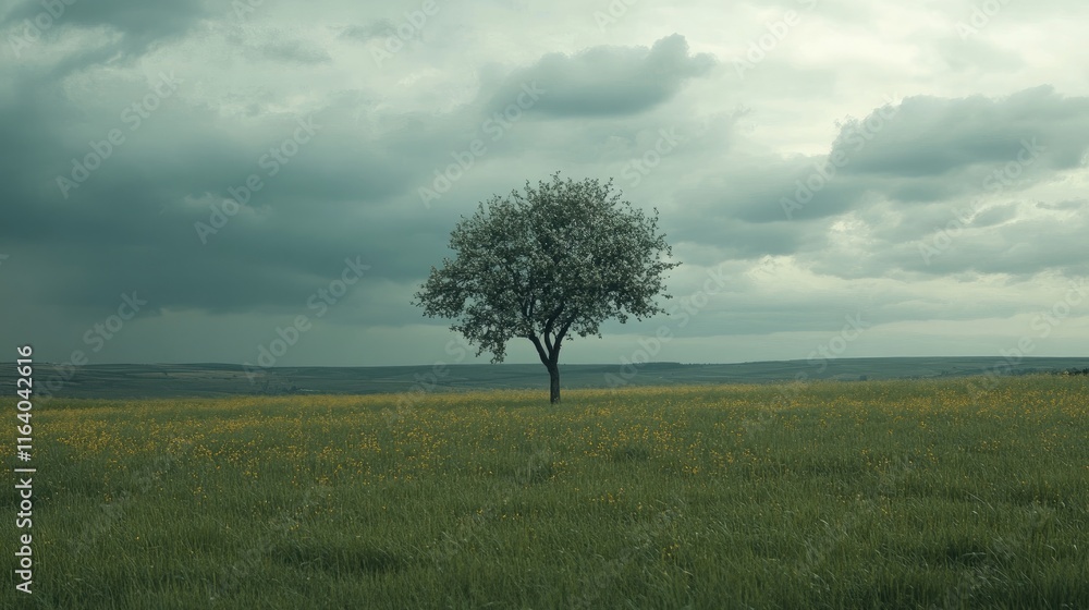 Obraz premium Solitary tree on lush green meadow beneath an overcast sky creating a serene and tranquil landscape scene.