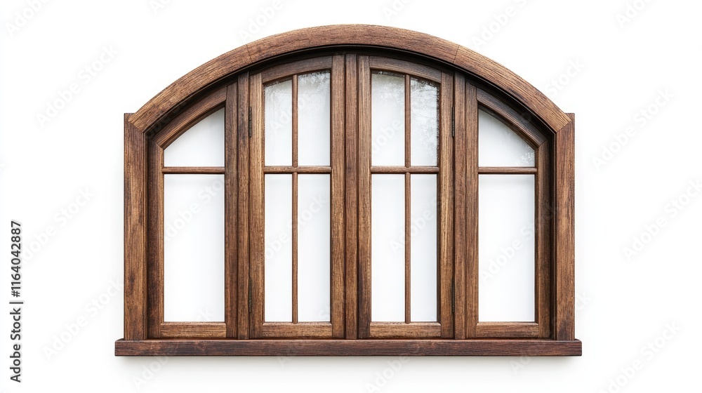 Wooden arched window design with multiple panels showcased against a clean white background for architectural and home decor concepts Wooden arched window design with multiple panels showcased against a clean white background for architectural and home decor concepts