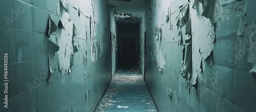 Abandoned corridor in a decaying building showcasing peeling paint and broken tiles ideal for urban exploration themes photo