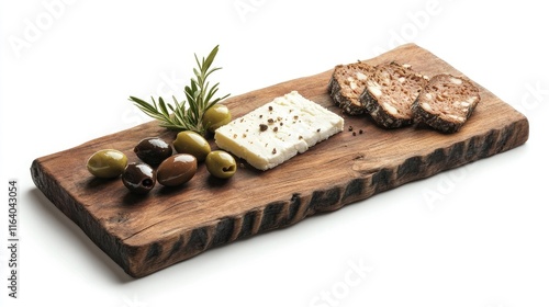 Wooden serving board featuring feta cheese, assorted olives, and sliced meat on a white background for gourmet food presentation photo