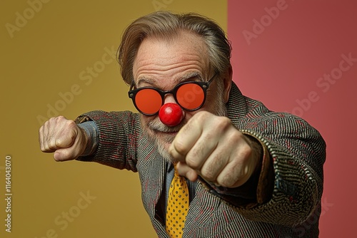 A patriotic young man in a clown get-up makes a salute, awaiting further instructions, and displays a playful demeanor