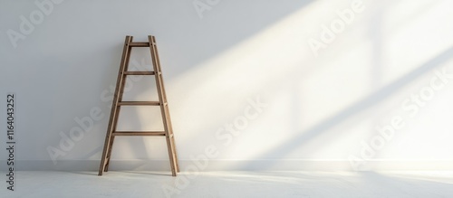 Wooden stepladder leaning against a smooth white wall perfect for interior design inspiration or home renovation projects