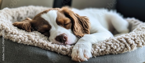 Cuddly seven week old spaniel puppy sleeping peacefully in plush dog bed highlighting warmth and charm photo