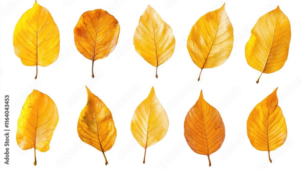 Obraz premium Collection of assorted yellow autumn leaves isolated on white background for seasonal design and nature concepts