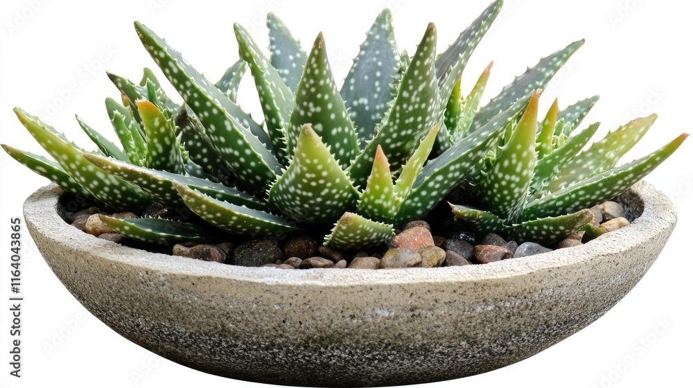 Aloe vera plant in a modern concrete pot with pebbles showcasing lush green foliage on a white background Aloe vera plant in a modern concrete pot with pebbles showcasing lush green foliage on a white background