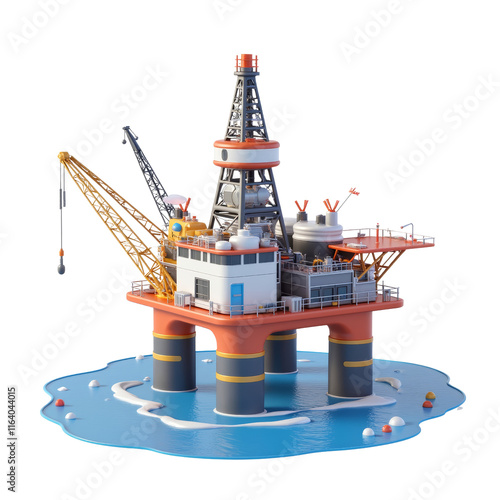 Detailed 3D Illustration of an Offshore Oil Rig with Equipment in Ocean Setting