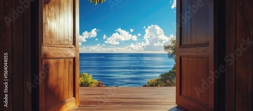 Wooden door framing a breathtaking ocean view symbolizing escape tranquility and adventure in a serene coastal setting photo