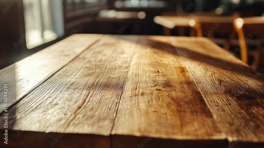Wooden table surface in cozy cafe with natural light creating warm ambiance and inviting atmosphere for patrons and gatherings. Wooden table surface in cozy cafe with natural light creating warm ambiance and inviting atmosphere for patrons and gatherings.