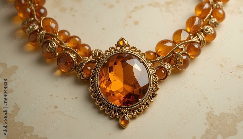 Stunning amber necklace with intricate details and a large pendant on a textured background Stunning amber necklace with intricate details and a large pendant on a textured background