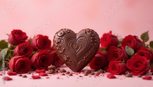 Delicious chocolate heart surrounded by red roses for a romantic gesture