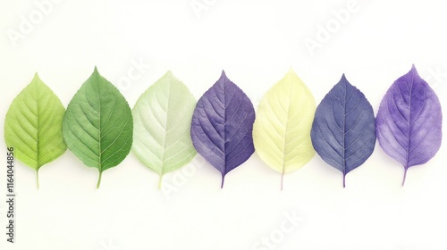 Alternate green and purple leaves arranged in a stacked pattern showcasing vibrant colors and diverse textures on a neutral background photo