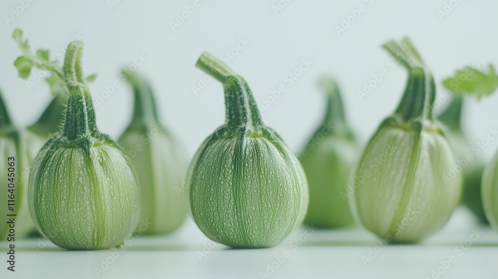 Obraz premium Fresh young zucchinis with a smooth texture arranged on a white background showcasing their vibrant green color and unique shape.