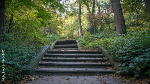 Lush Green Forest Stairs Creating a Serene Pathway Surrounded by Vibrant Nature and Tranquil Atmosphere Inviting Outdoor Experience photo