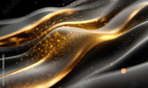 Elegance in Motion Flowing Metallic Ribbons over Black with Subtle Reflections and Light Particles