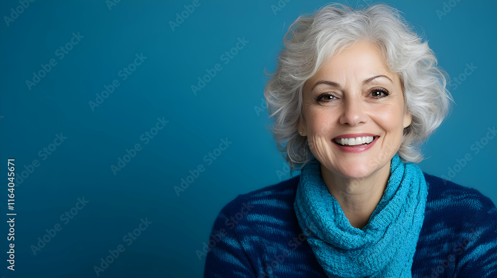Smiling mature woman with gray hair and blue scarf against blue background. Smiling mature woman with gray hair and blue scarf against blue background.