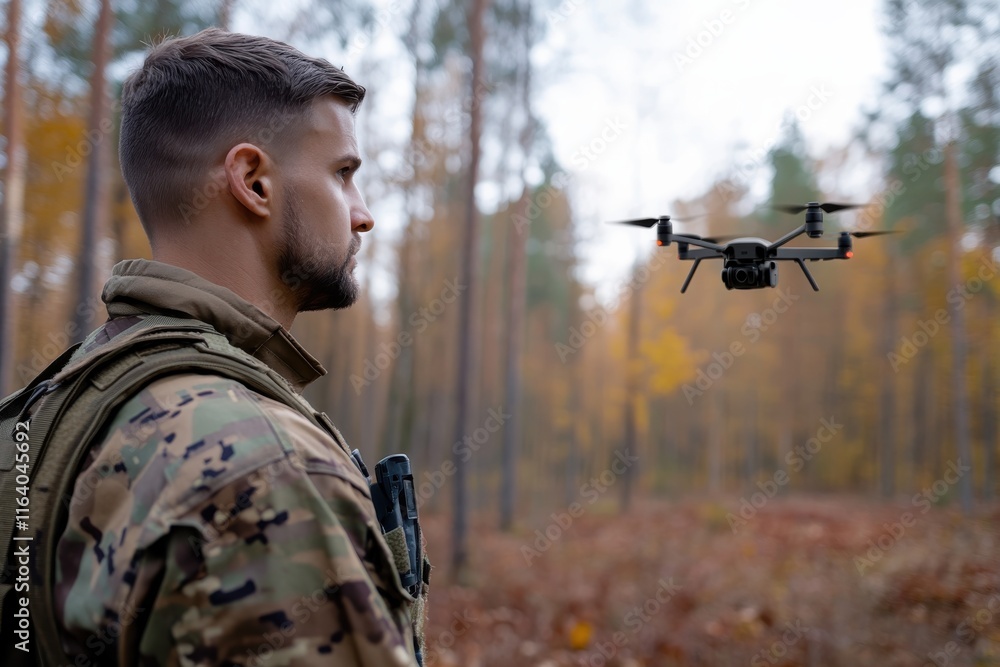 Fototapeta premium A military member monitors a drone in a picturesque autumn forest, symbolizing the modern age of technology in military engagement and nature's serene beauty.