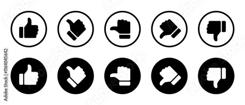 Rating and feedback scale thumb icon. Excellent, good, average, poor, and bad hand sign symbol