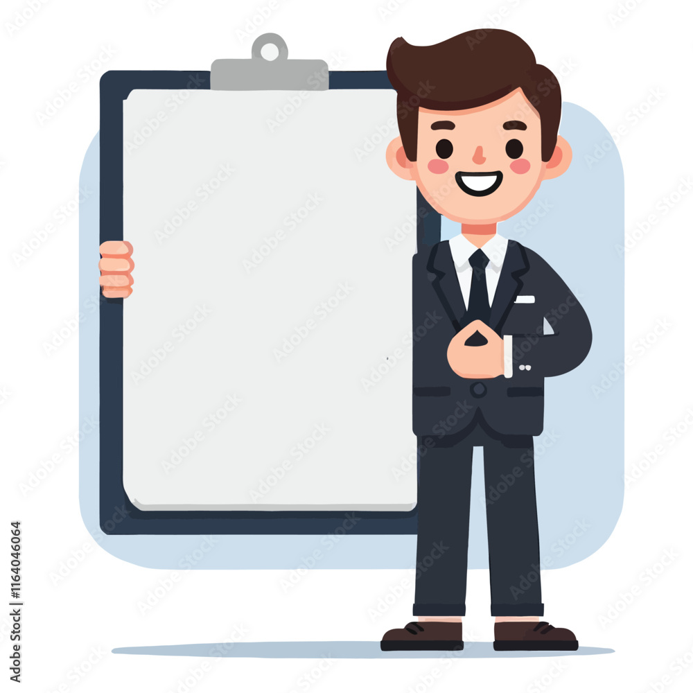 cartoon of a entrepreneur holding a blank clipboard in a white background cartoon of a entrepreneur holding a blank clipboard in a white background