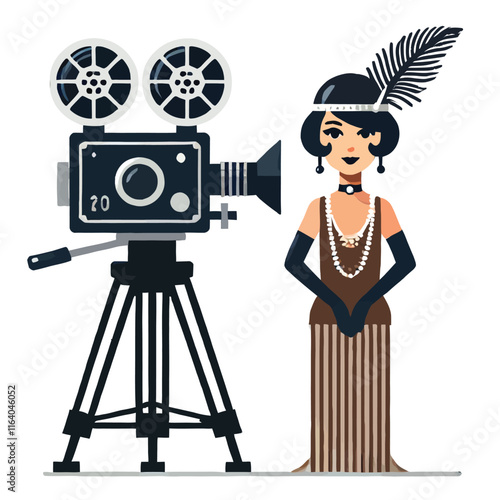 silent movie star stands in front of vintage movie camera