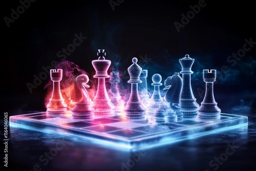 A pixel art depiction of an ivory chessboard with animated pieces glowing softly in a retro style photo